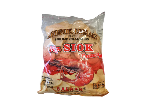 Clear bag with red prawn on front labelled NY Siok Uncooked Prawn Crackers