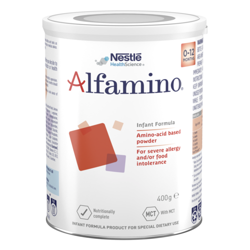 A white tin labelled Alfamino infant formula (0-12 months), 400g